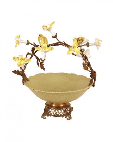 Coupe Orchidées Jaune, Porcelaine et Bronze