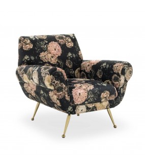 Margareth lounge chair in floral velvet, brass compass, 50s design
