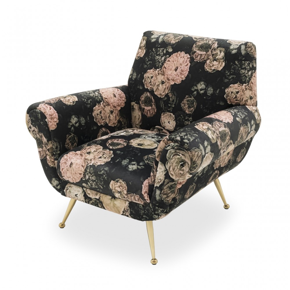 Superb lounge chair in floral cotton velvet and brass compass base.