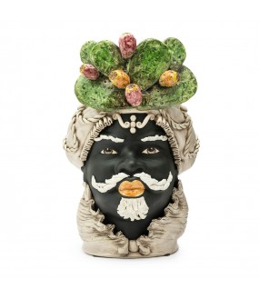 Moor-Head Man, Vase made in ceramic with Prickly pear, made in Sicily - Italy, Old ancient finishing