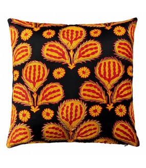 Superb Suzani black cushion embroidered with flowers in orange-red tones.