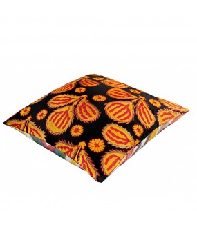 Superb Suzani black cushion embroidered with flowers in orange-red tones.