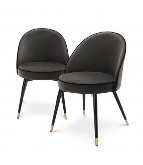 Set of 2 beautiful chairs Bradley with black metal base and brass feet, dark gray cotton velvet seat in the style of the 50s