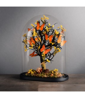 Superb oval naturalist globe with orange butterflies on a branch of black Salix