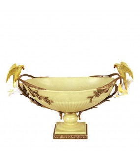 Oval Bowl Yellow Birds, Ceramic and Brass L32cm.