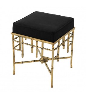 Square stool in lightly ribbed black velvet in the Chinoiserie style