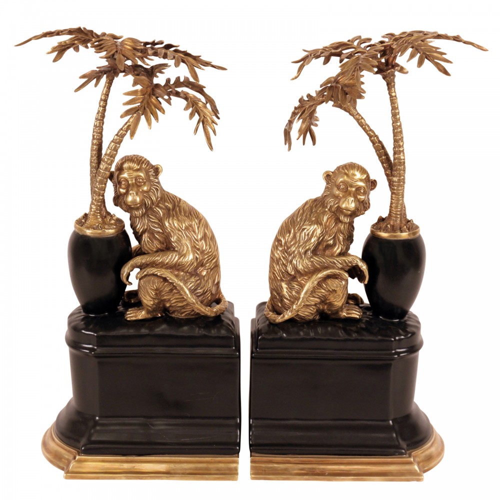 Brass and Porcelain Monkeys Bookends, H35cm