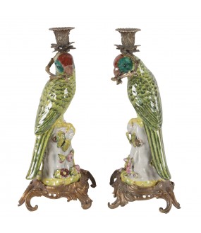 Candleholders Green Parrots, set of 2