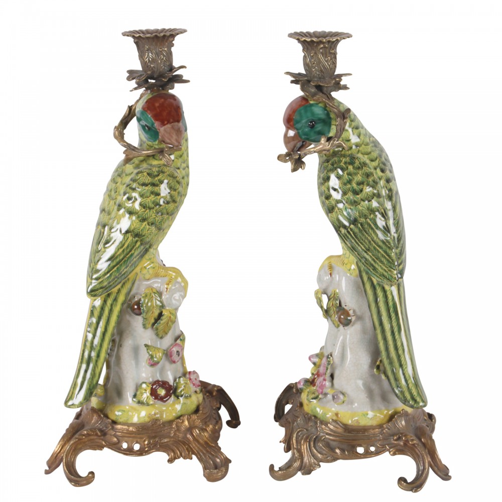 Candleholders Green Parrots, set of 2