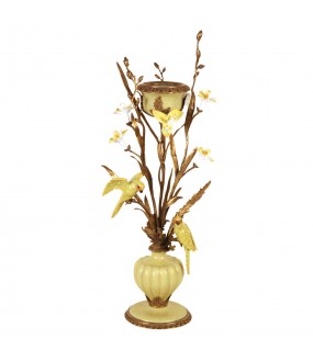 Bougeoir Orchidées Jaunes, Porcelaine et Laiton - H62cm