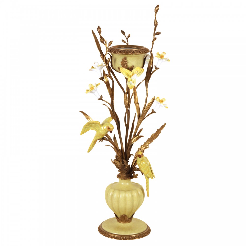 Bougeoir Orchidées Jaunes, Porcelaine et Laiton - H62cm