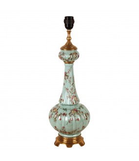 Large table lamp in blue porcelain in the shape of a hand painted vase with floral patterns and aged brass