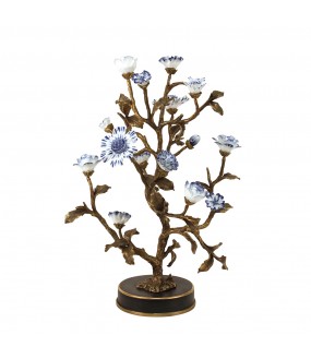 Branche Fleurie Bleue Porcelaine et Laiton H30cm