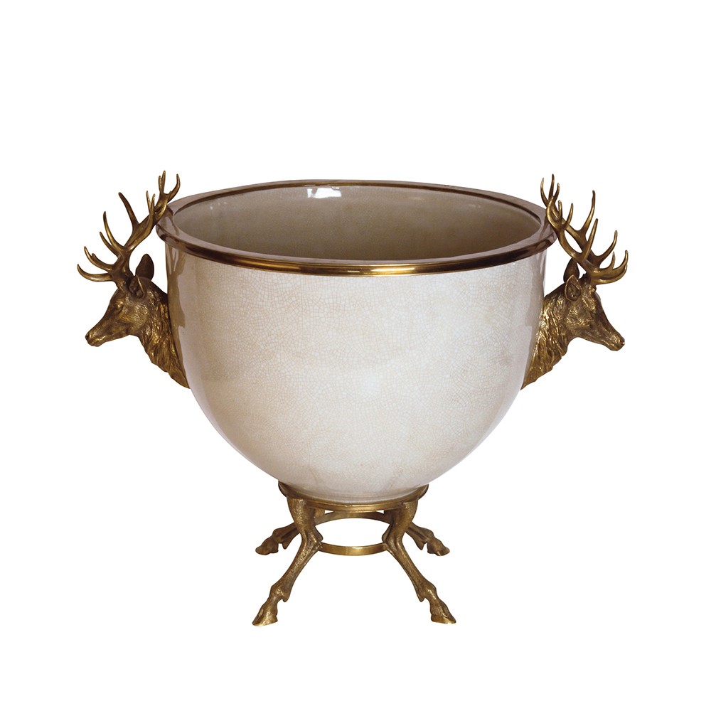 Large Champagne Porcelain Bowl with Deer Heads - White