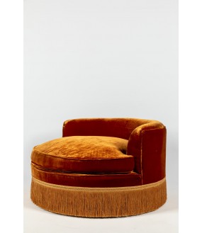 Large Round Lounge Chair Hortense, Ocher-Colored Velvet.