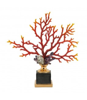 Red Coral Branch on Golden Stand - H48cm