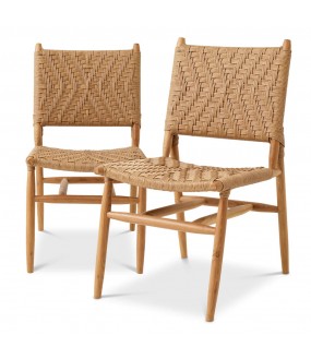 Pair of Rattan and Teak Garden Dining Chair Hera