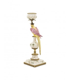 Pink & Yellow Porcelain Parakeet Candle Holder