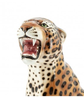 Leopard statue sitting in plaster in the style of the 50s, Made in ceramic and hand painted.