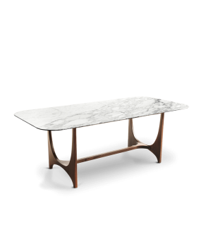 Magnifique table Silvana en marbre Calacatta Oro avec son superbe plateau aérien de forme oblongue